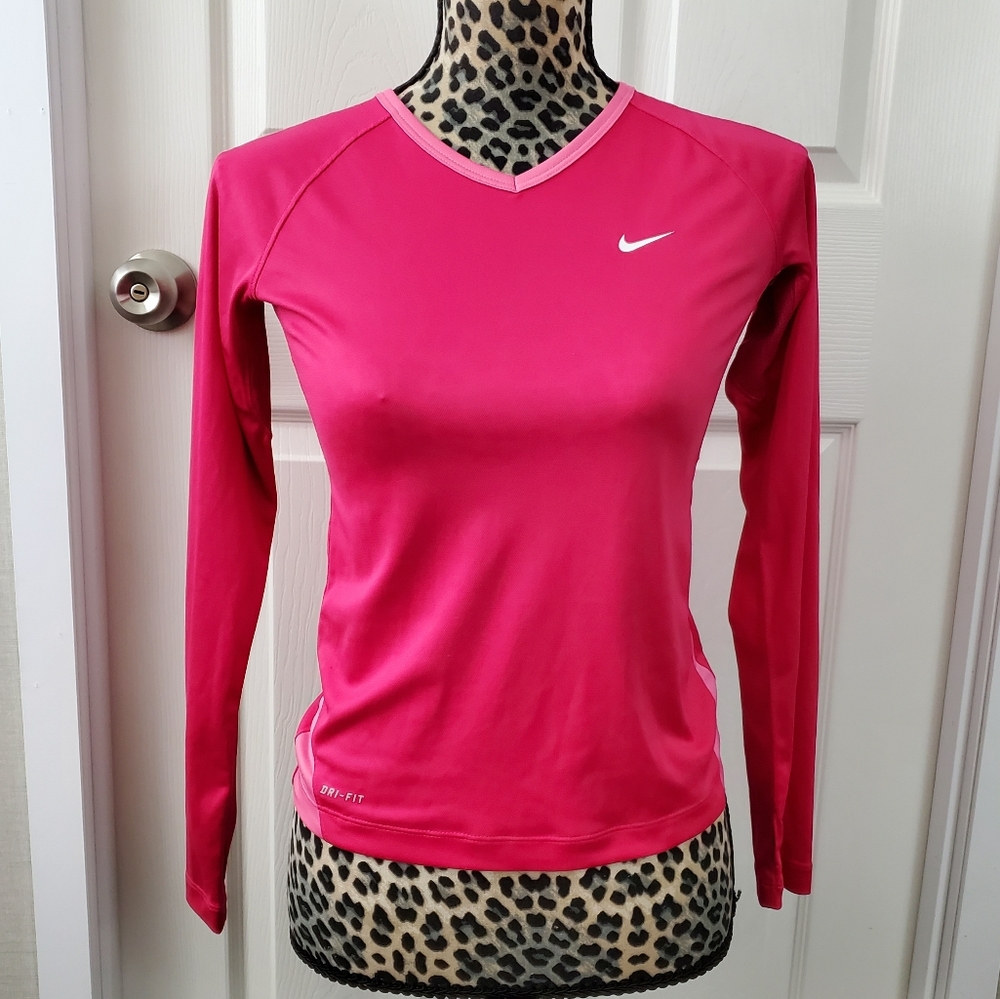 Nike Pink V-Neck Long Sleeve Dri-Fit Top